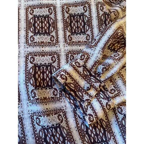 Milano Brown & Cream Long-Sleeve Button-Up Shirt L Polyester Vintage 70s Career - Picture 3 of 4